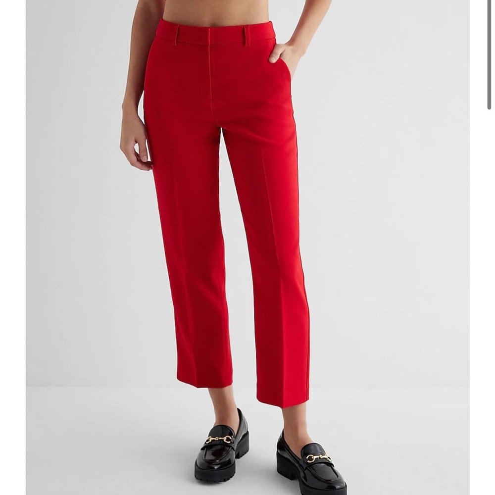 HIGH WAISTED TWILL STRAIGHT ANKLE PANT IN LIPSTICK RED